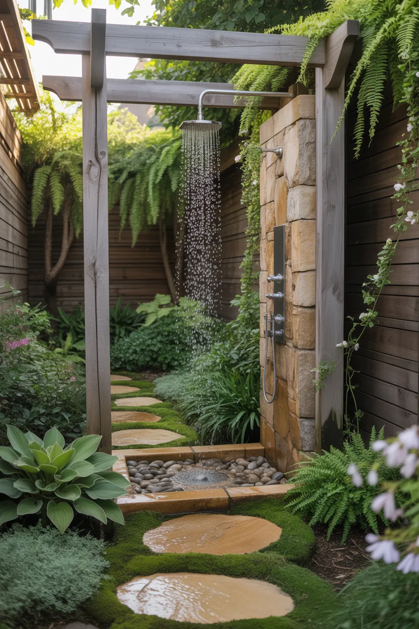 Garden Path Shower Hidden Behind Landscaping