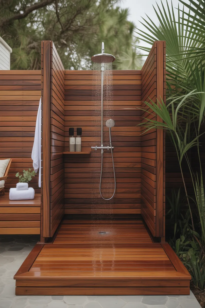 Outdoor Shower With a Wooden Deck Base