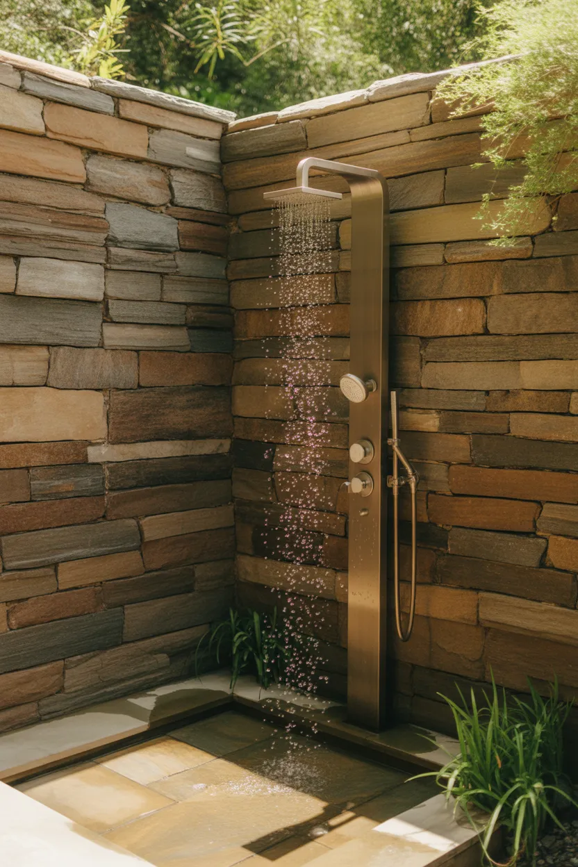 Stone Wall Outdoor Shower That Feels Like a Spa