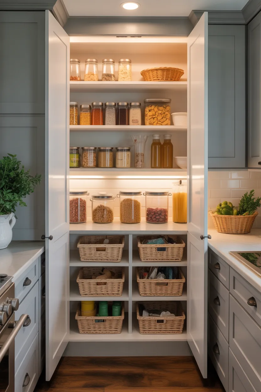 Hidden Pantry With Interior Open Shelving
