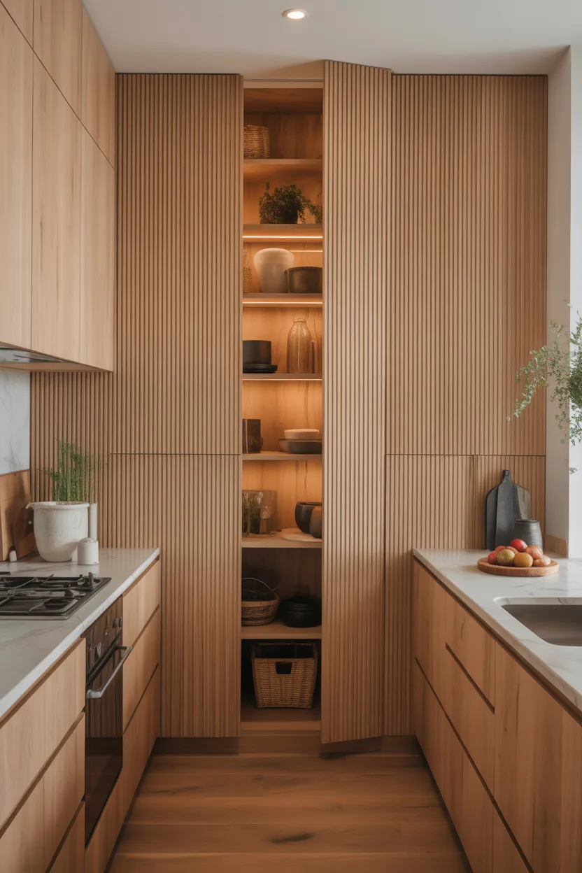 Pantry Hidden Behind Fluted Wood Panels