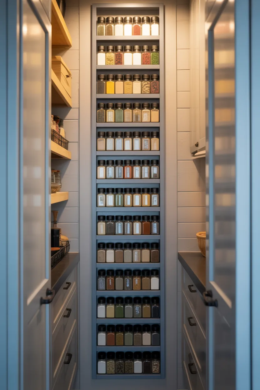 Slim Spice Shelves Along One Wall