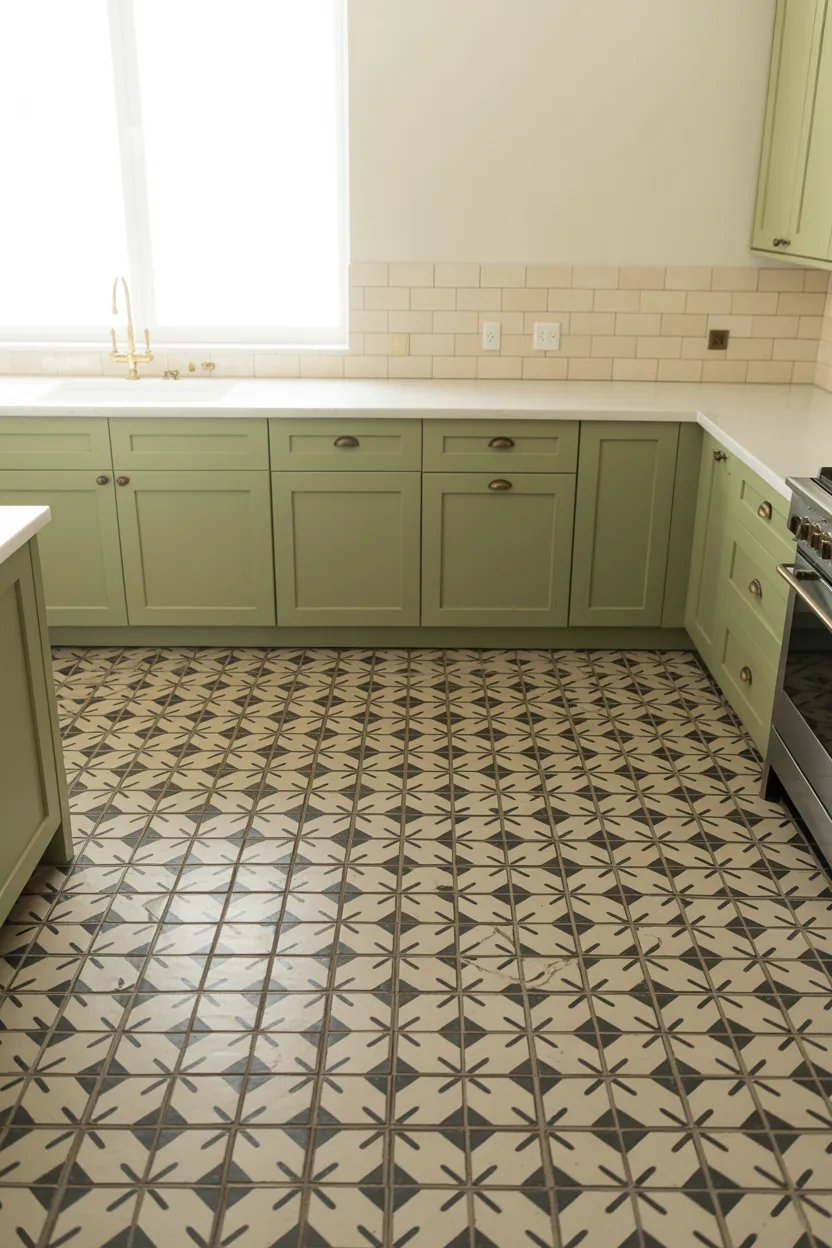Green Cabinets with Patterned Tile Floor
