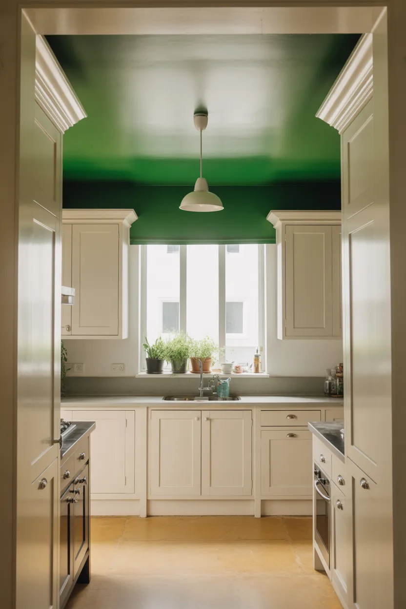 Green Ceiling, White Cabinets