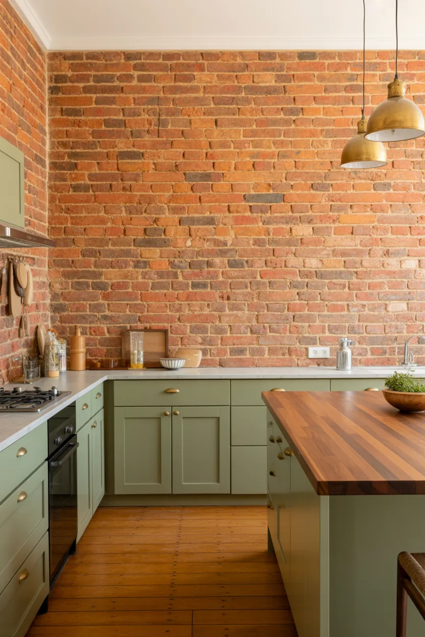 Green Kitchen with Exposed Brick