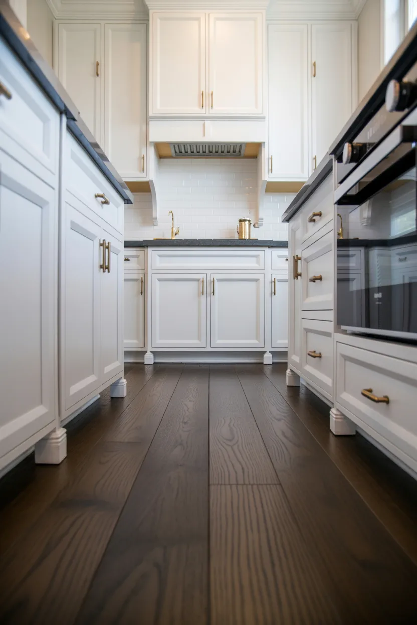 High-Contrast Floors (Dark Floor + Light Cabinets)