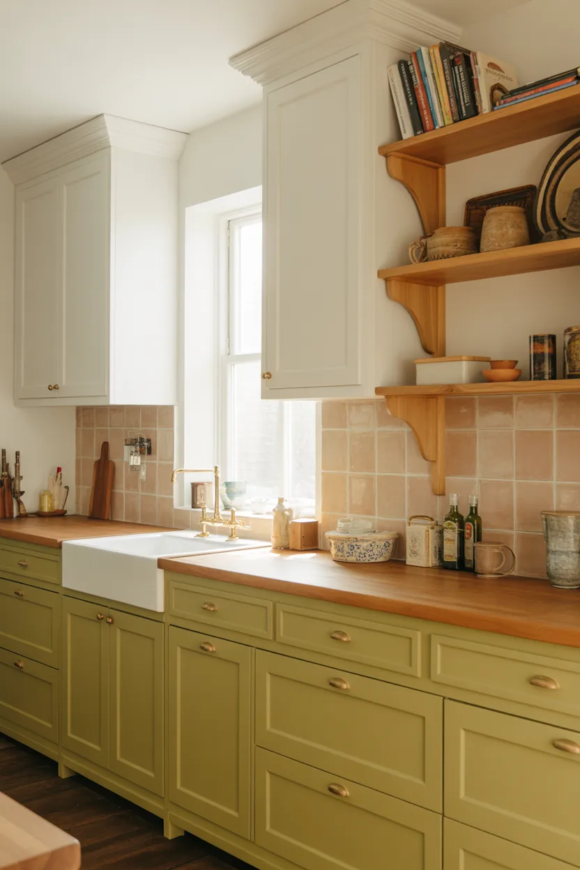 Olive Green Lower Cabinets with White Uppers