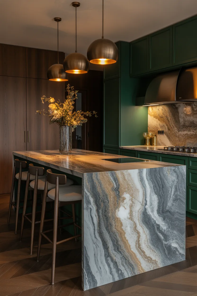 Statement Islands with Marbled Countertops