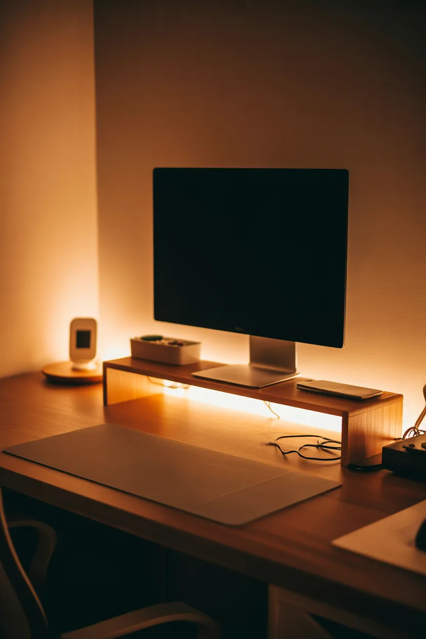 Wooden Desk With Soft Ambient Lighting