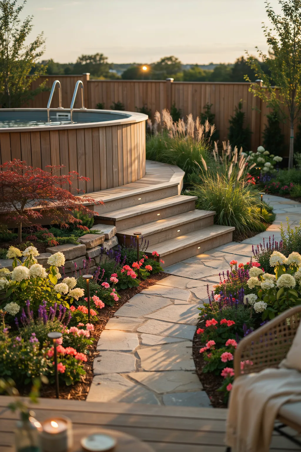 Deck With Steps Into a Garden Path