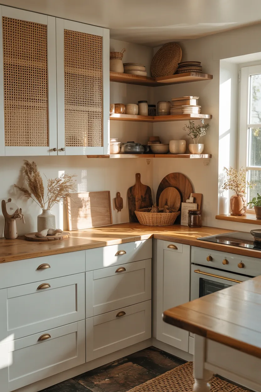 White Cabinets With Woven or Rattan Basket Inserts