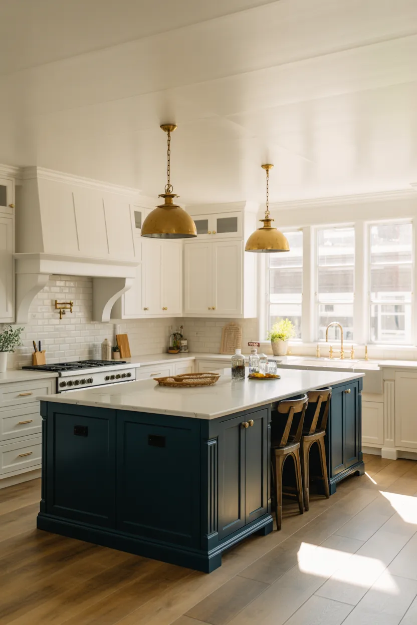 White Cabinets With a Navy Island